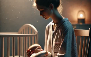 Mãe segurando o bebê no colo durante a madrugada em um quarto com luz suave.