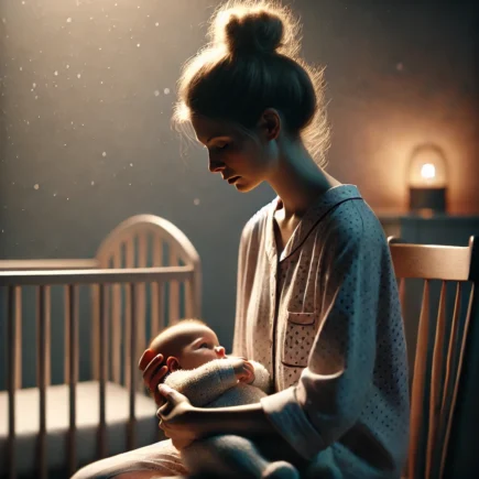 Mãe segurando o bebê no colo durante a madrugada em um quarto com luz suave.