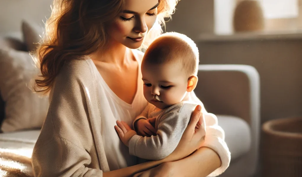 Mãe segurando bebê em momento de carinho
