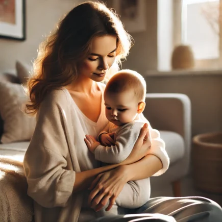Mãe segurando bebê em momento de carinho
